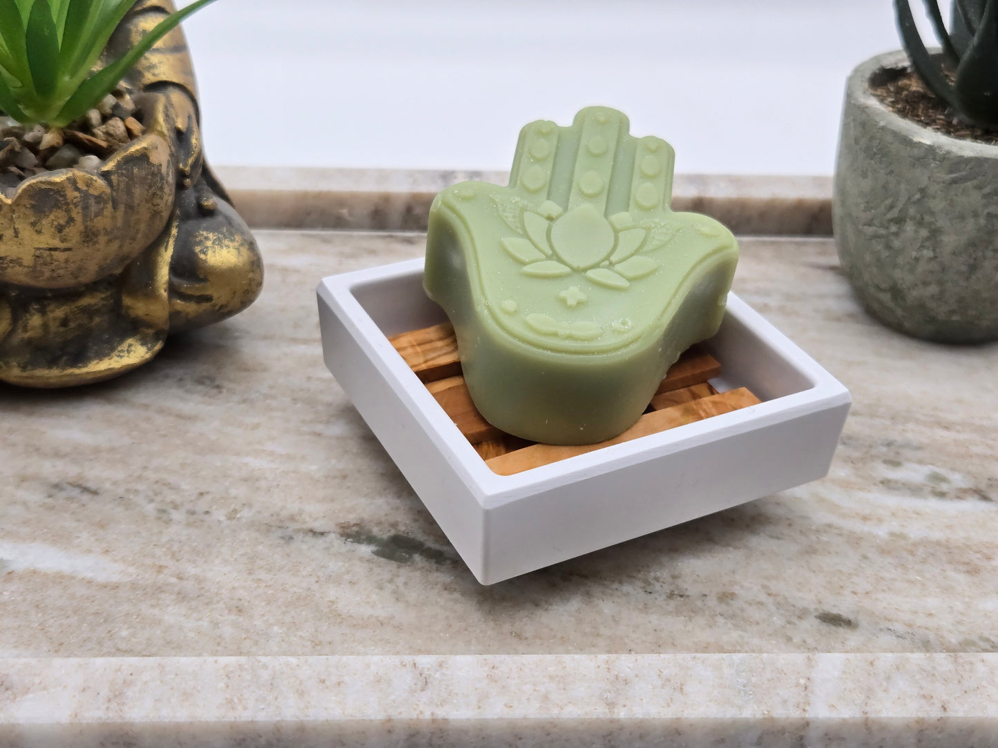 Seifenablage Seifenschale weiß quadratisch Melamin mit Inlay aus Olivenholz 7,5x7,5 cm