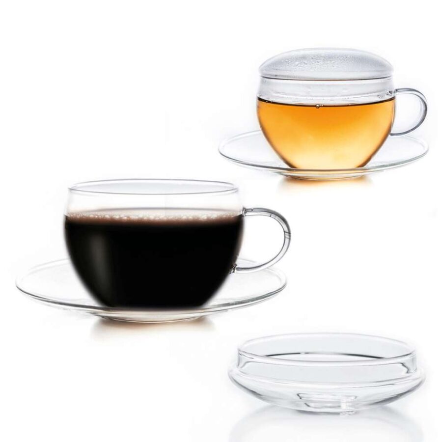Creano 2er-Set Glas-Tasse mit Untertasse und Deckel 200 ml