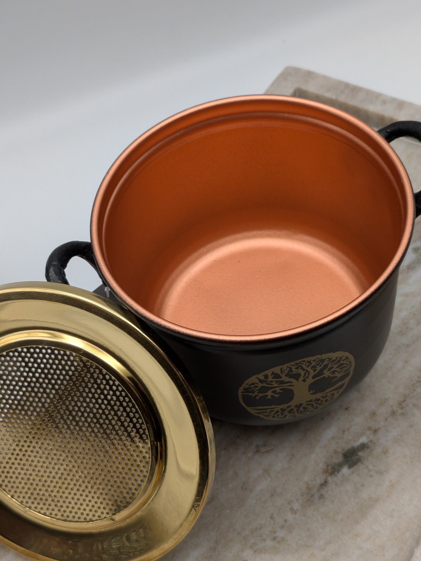 Green Tree Räucherkessel Baum des Lebens Schwarz mit Messingdeckel 10 x 11 cm